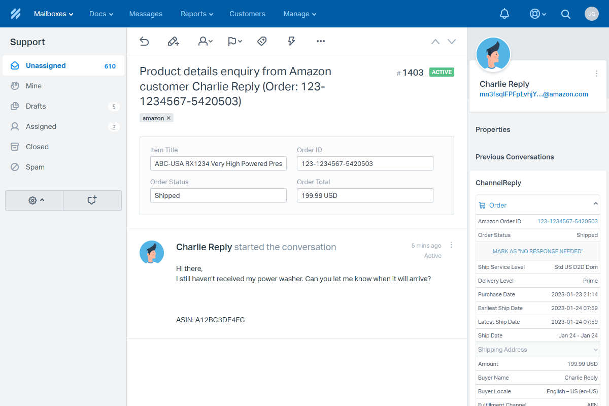 An Amazon Message in Help Scout with ChannelReply