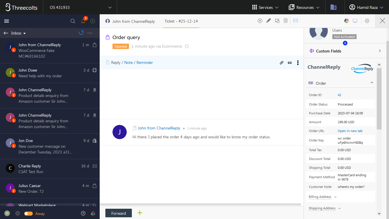 WooCommerce buyer message in Onsite with order info on the right