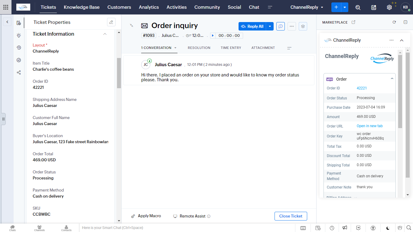WooCommerce buyer message in Zoho Desk
